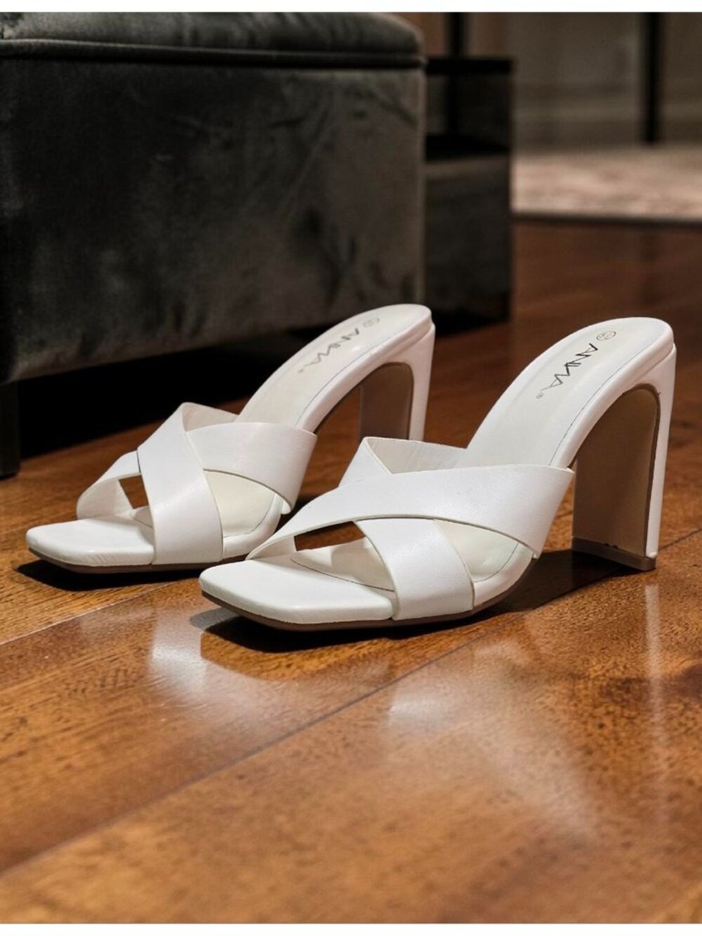 White Open-Toe Heeled Sandals With Cross-Strap Design & Square Toe By Anna